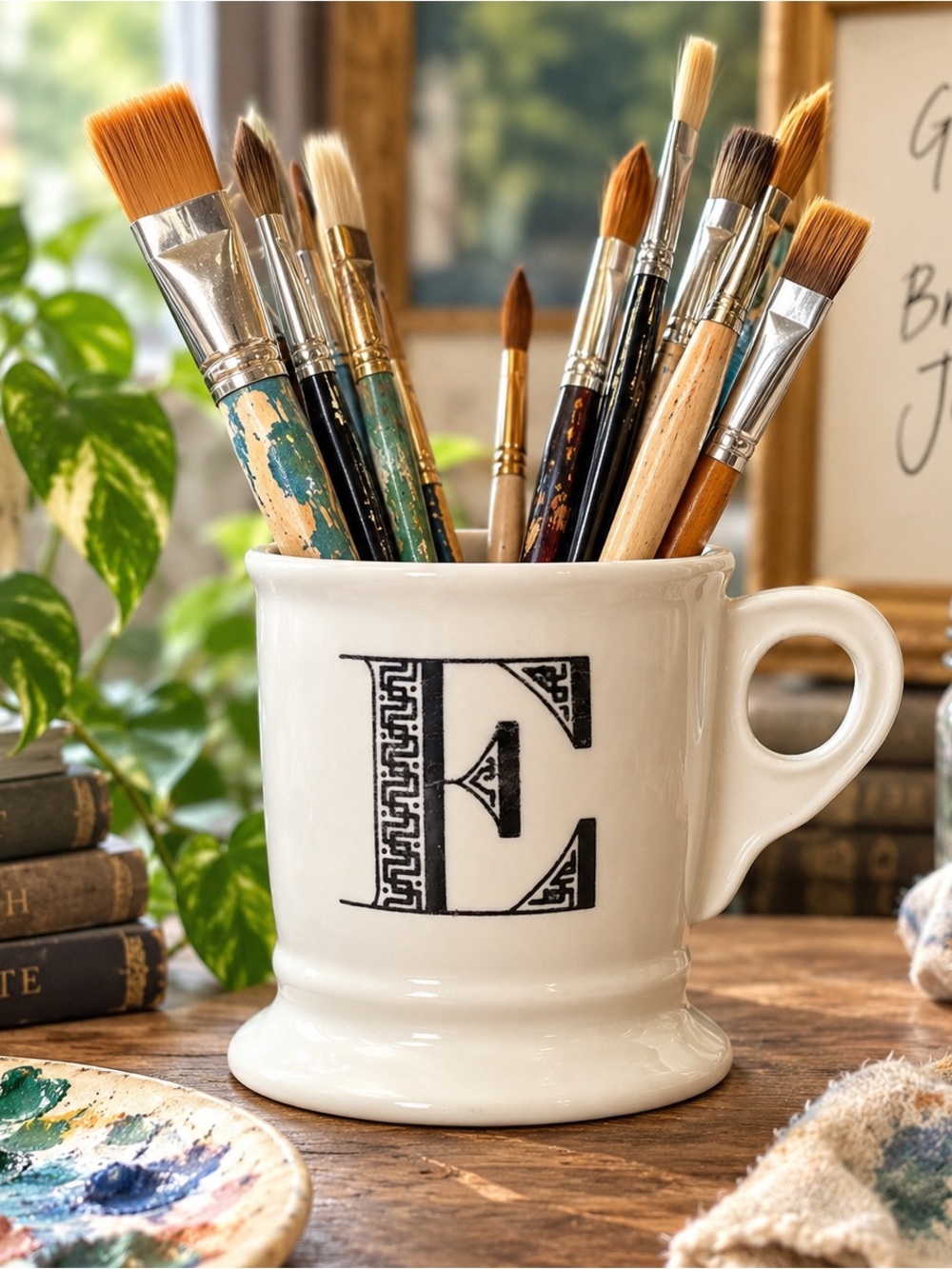 Anthropologie Monogram E Mug Greek Key Footed Pedestal Cup Black White AS IS